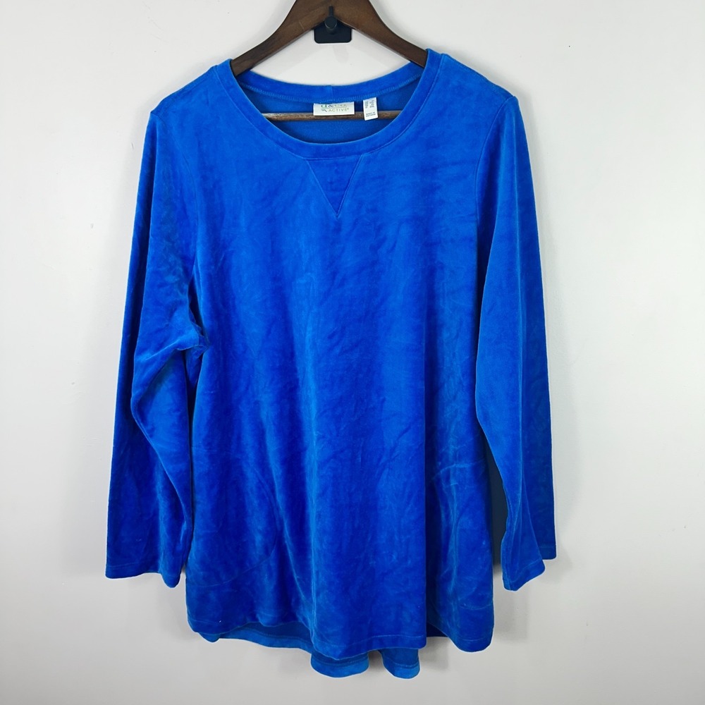 d&co Active Top Women 1X Blue Velour Pullover Long Sleeve Pockets Retro Cozy Y2K